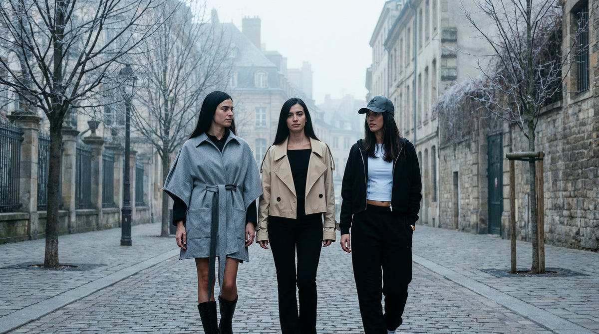 Mojo Winter 27: grey double face cape, beige cropped trench jacket and black M Essential set on a misty winter street